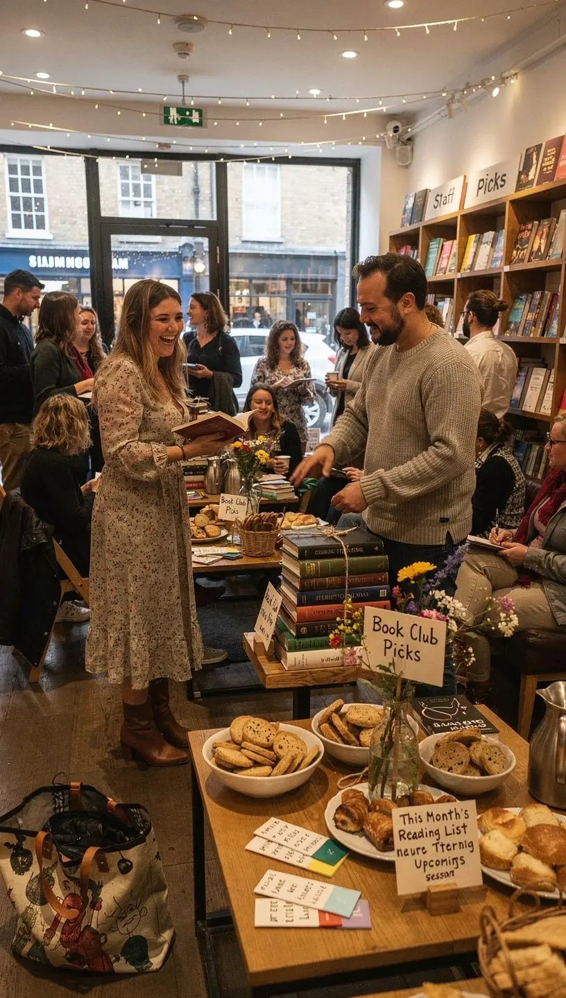 A group of friends discussing their favorite novels while seated in a comfortable bookstore café.