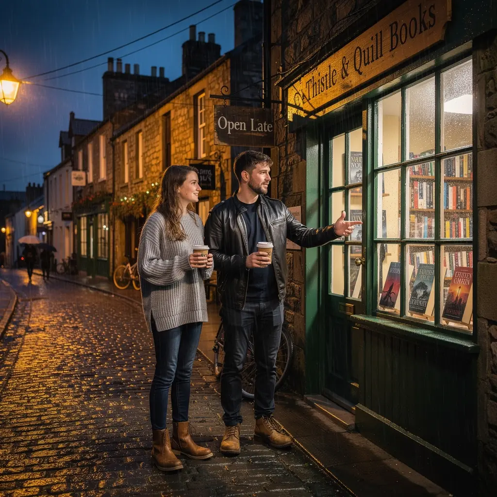 An inviting entrance of the bookstore adorned with flowerpots and a chalkboard sign promoting the monthly picks.